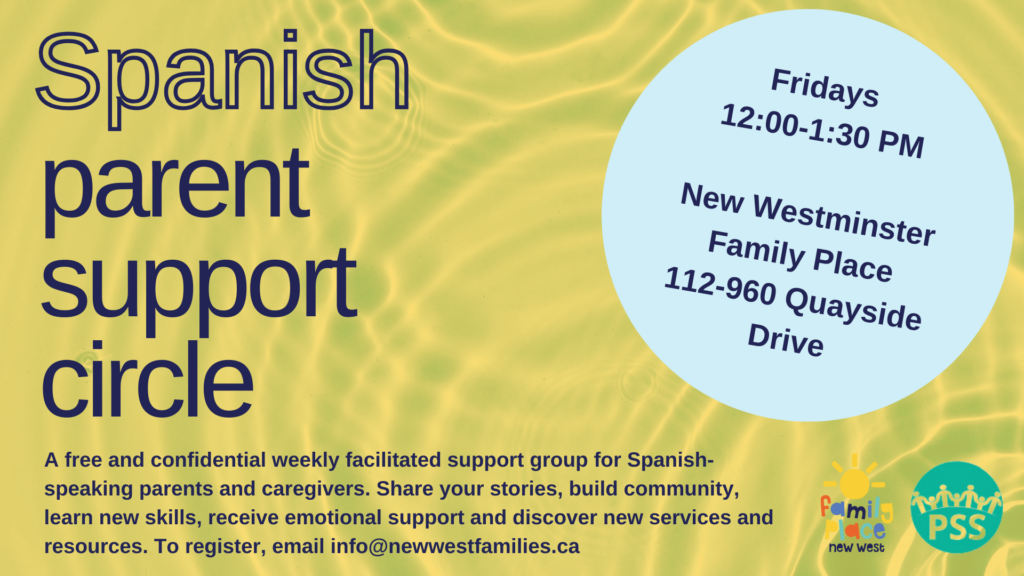 Yellow background with water ripples and a description of Spanish Parent Support Circle program details