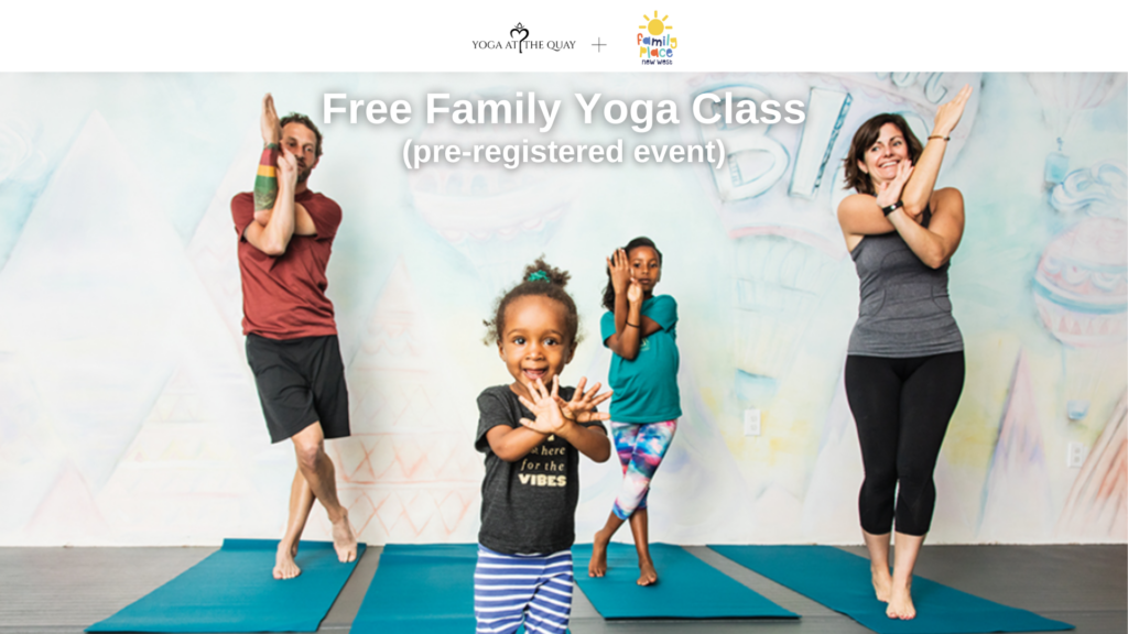 Image including two children and two adults of mixed race practicing yoga together in a colourful space.
