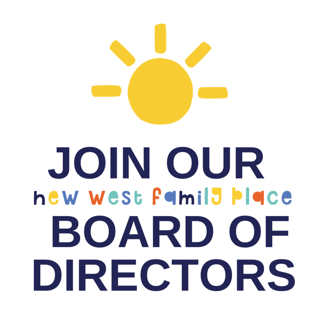 Picture of sun and colourful text "Join our  New West Family Place Board of Directrs"