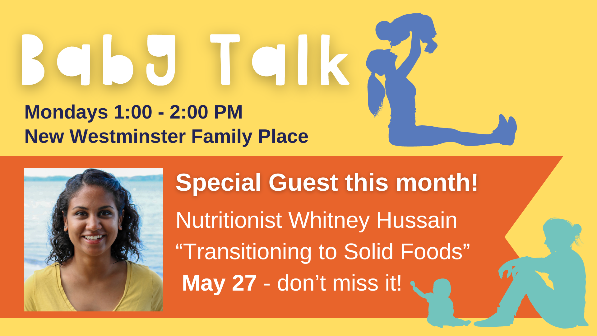 Colourful image featuring a photo of Whitney Hussain, Nutritionist as special guest this month