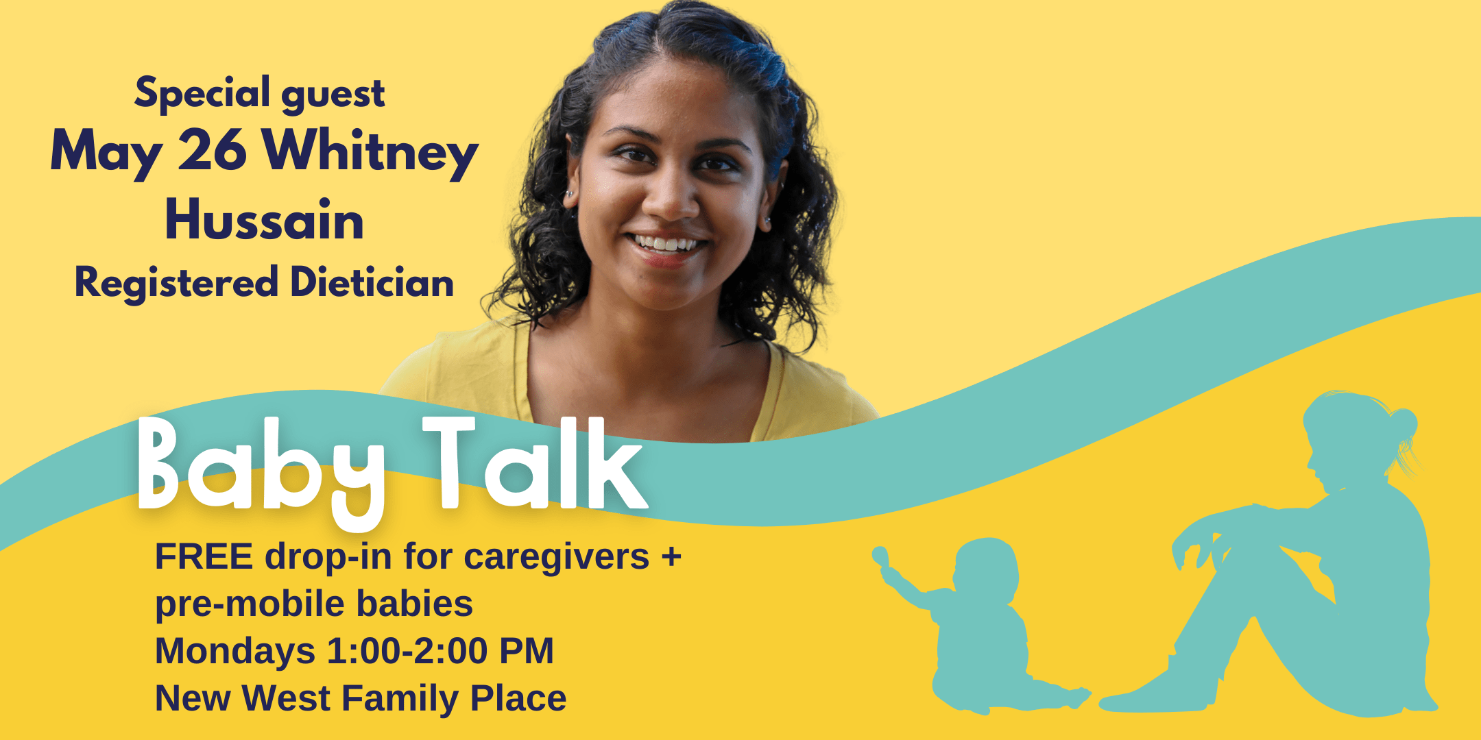 A bright yellow background with a picture of Whitney Hussain smiling broadly.