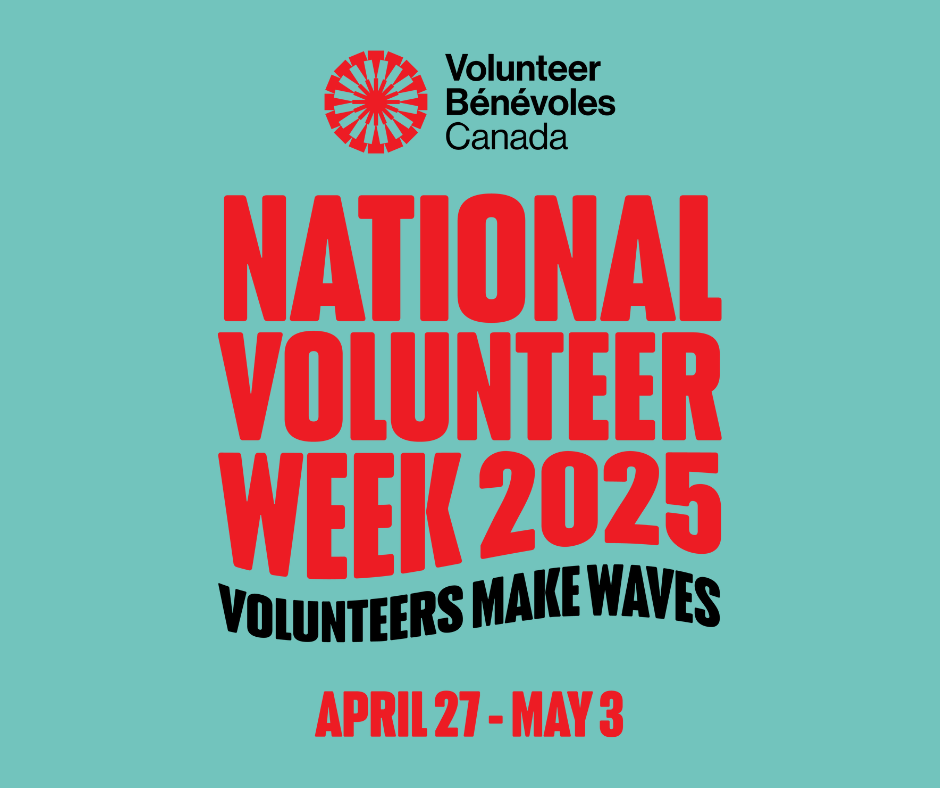 National Volunteer Week bold text in red on a calm blue background