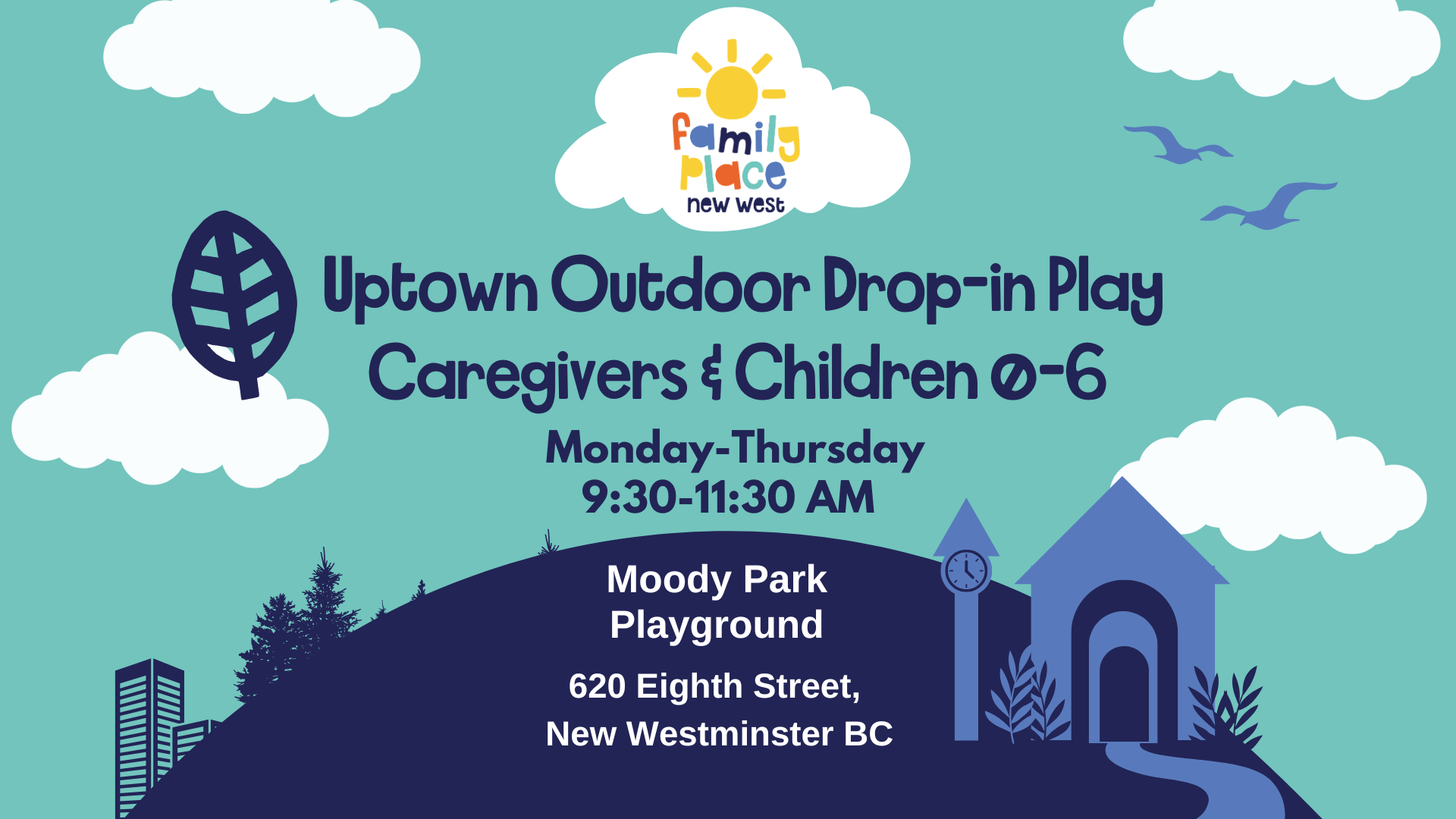 A chunky illustration of a hill with buildings and trees that represent Uptown New Westminster in Family Place colours.